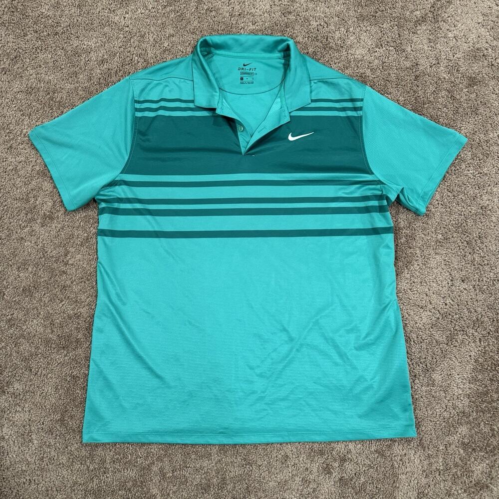 Nike Polo Shirt Mens XL Green Dri-Fit Standard Fit Golf Striped Performance